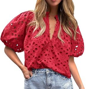Dressy Casual Short Lantern Sleeve V Neck Button Lace Embroidered Blouse Shirt